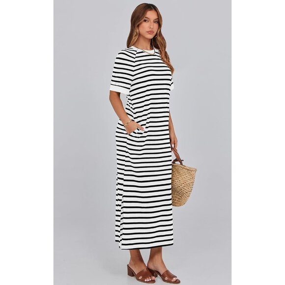Women's Summer Cotton-Polyester Striped Maxi Dress with Pockets and Slit - Picture 4 of 8